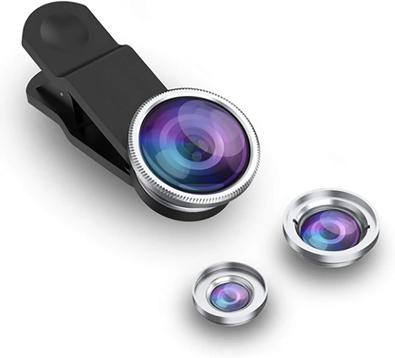 آداپتور لنز دوربین کلیپسی 3 در 1 سبک و جمع و جور برای تلفن های هوشمند - لنز چشم ماهی 180 درجه + لنز زاویه باز 0.65x + لنز ماکرو (10x) - مناسب برای همه تلفن های همراه