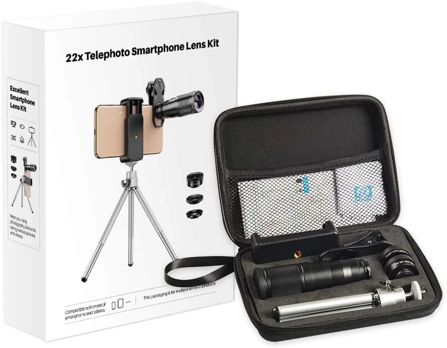 کیت عکس موبایل MEOS – کیت لنز دوربین تلفن همراه با لنز تلسکوپی 22X، لنز ماکرو واید تله فوتو، لنز چشم ماهی به همراه مینی سه پایه. همه در یک کیف عکس مینی انحصاری