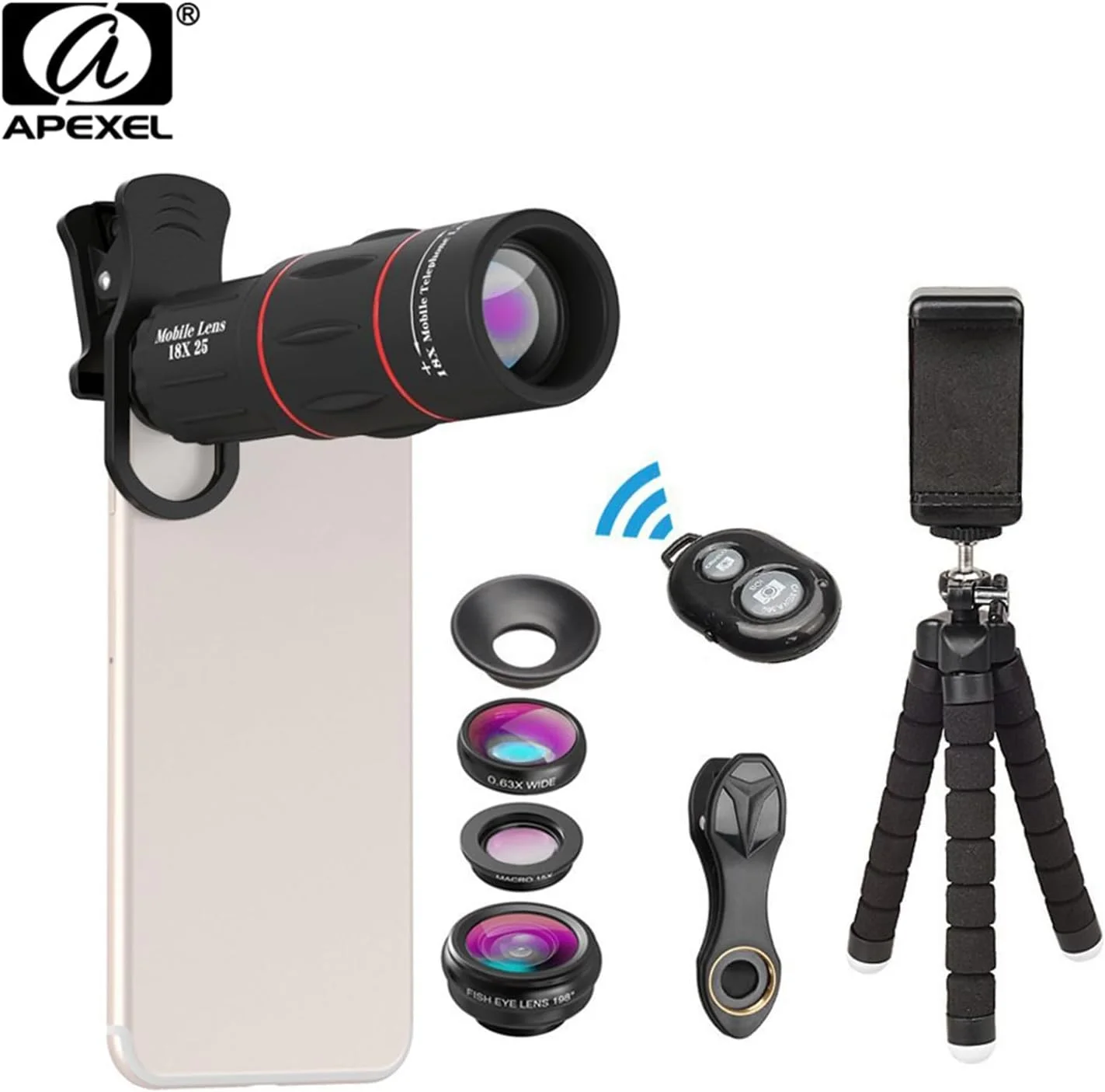 کیت لنز موبایل تله فوتو 4 در 1 Labymos APL-T18XBZJ5 شامل لنز تله فوتو 18X، لنز فیش آی 198 درجه، لنز واید انگل 0.63X و لنز ماکرو 15X به همراه شاتر از راه دور، سه پایه کوچک و هولدر گوشی مناسب برای اکثر گوشی ها کیت لنز موبایل تله فوتو 4 در 1 Labymos APL-T18XBZJ5 شامل لنز تله فوتو 18X، لنز فیش آی 198 درجه، لنز واید انگل 0.63X و لنز ماکرو 15X به همراه شاتر از راه دور، سه پایه کوچک و هولدر گوشی مناسب برای اکثر گوشی ها