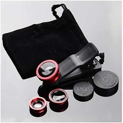 کیت لنز دوربین موبایل شامل لنز چشم ماهی 2 در 1، لنز ماکرو و لنز زاویه باز فوق العاده به همراه گیره جهانی مشکی - قرمز