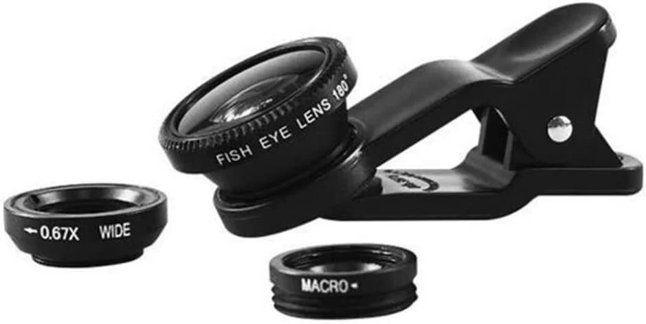 کیت لنز دوربین تلفن همراه شامل لنز ماکرو، گیره جهانی، لنز چشم ماهی و لنز زاویه باز (مشکی) - یک مجموعه