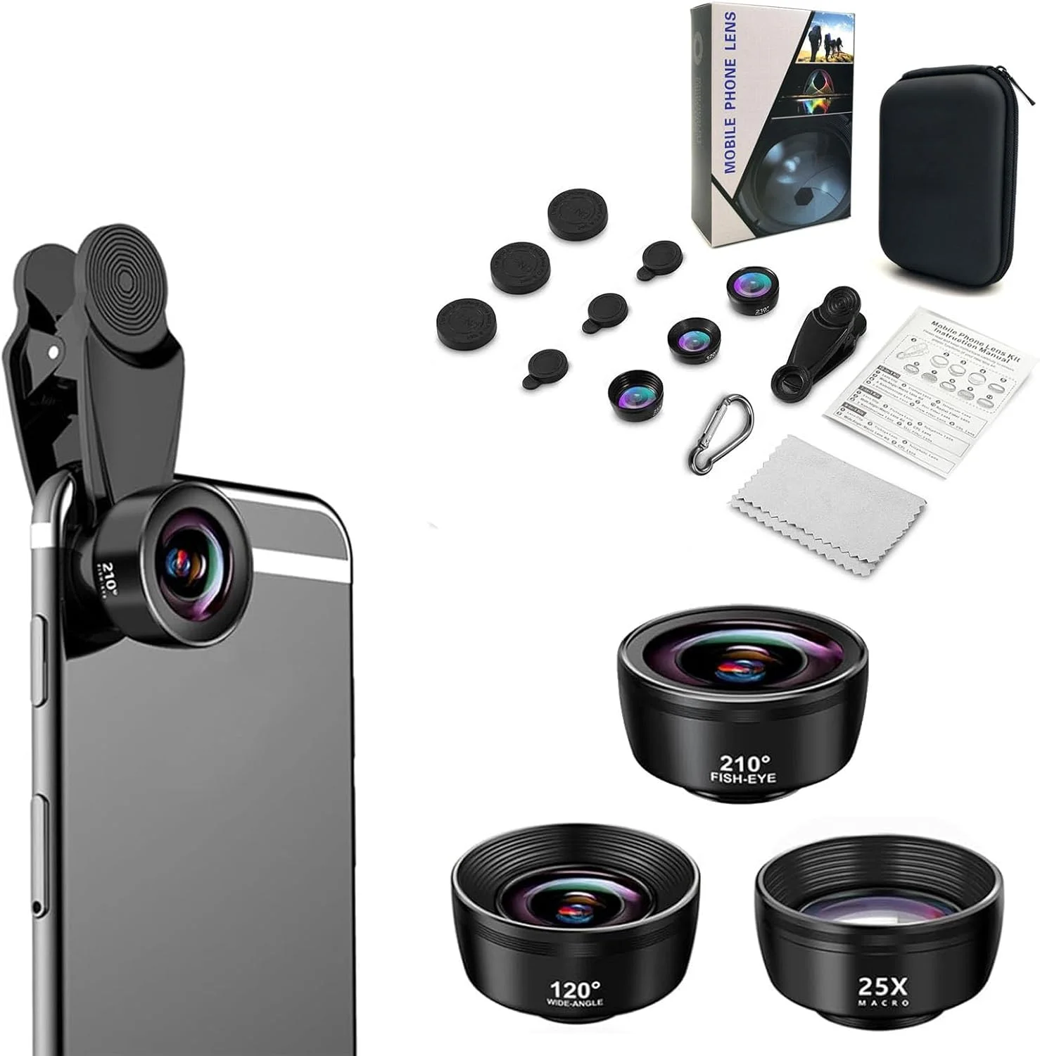 لنز دوربین موبایل 3 در 1، لنز چشم ماهی 210 درجه، زاویه دید عریض 120 درجه، لنز ماکرو 25X، لنز دوربین گیره ای جهانی موبایل برای اکثر تلفن های هوشمند