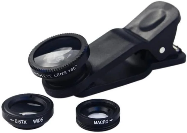 کیت لنز دوربین تلفن همراه شامل لنز ماکرو، گیره جهانی، لنز چشم ماهی و لنز زاویه باز (مشکی) - یک مجموعه کیت لنز دوربین تلفن همراه شامل لنز ماکرو، گیره جهانی، لنز چشم ماهی و لنز زاویه باز (مشکی) - یک مجموعه