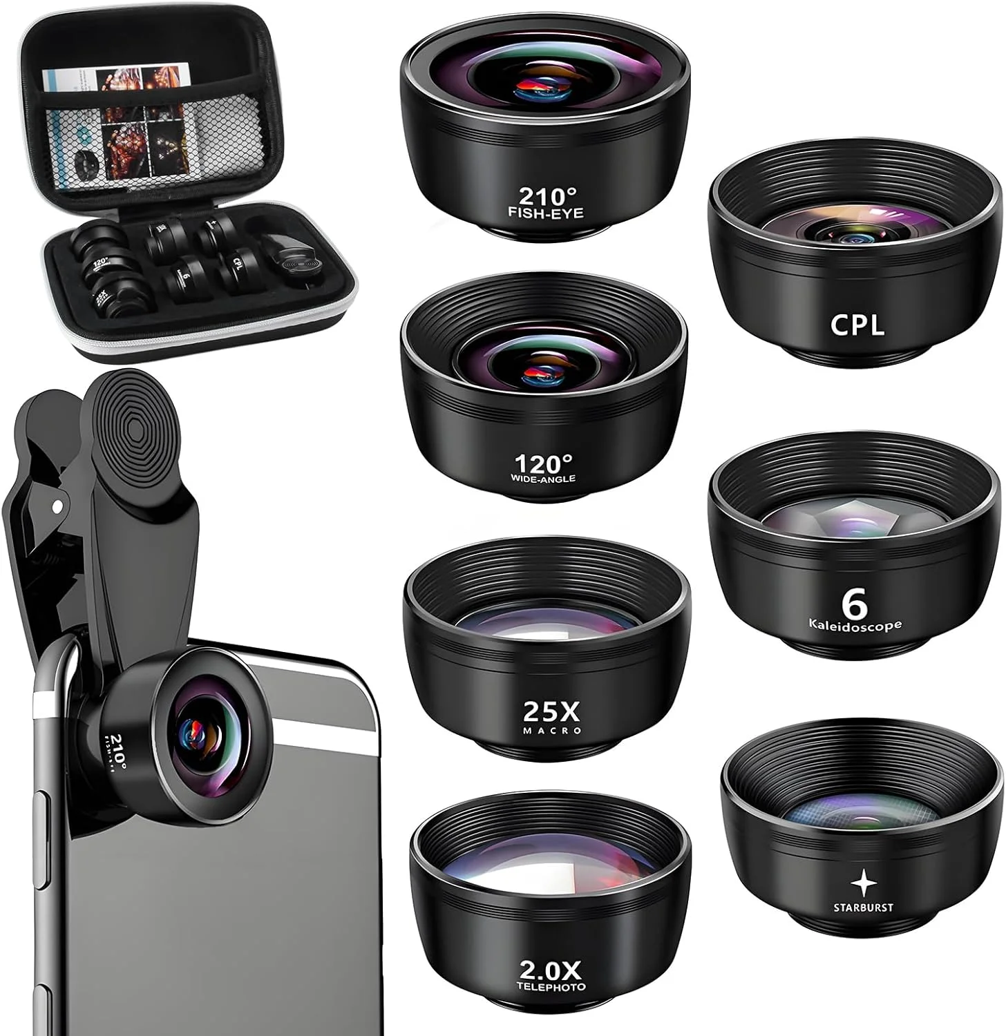 کیت لنز موبایل 7 در 1 - کیت لنز تلفن هوشمند با زاویه دید عریض 120 درجه، چشم ماهی 210 درجه، ماکرو (25X)، آینه پرتره (2X)، کالیدوسکوپ، CPL و لنز ستاره - سازگار با آیفون، سامسونگ و غیره