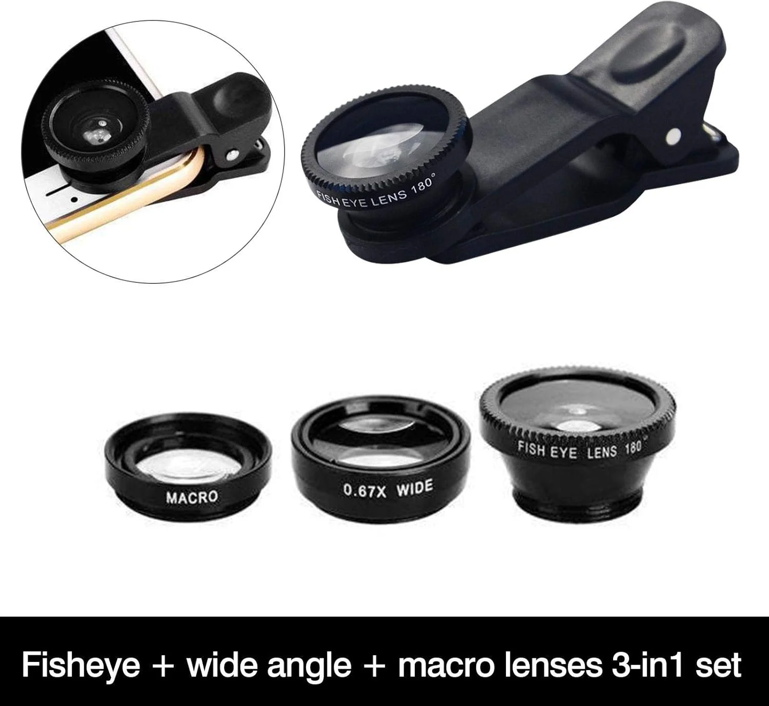 کیت لنز دوربین موبایل 3 در 1 - مجموعه لنز جهانی تلفن همراه | لنزهای اتصال دوربین برای گوشی های هوشمند، لنز زاویه باز 0.67X / لنز چشم ماهی 180 درجه / لنز ماکرو 10x، مشکی