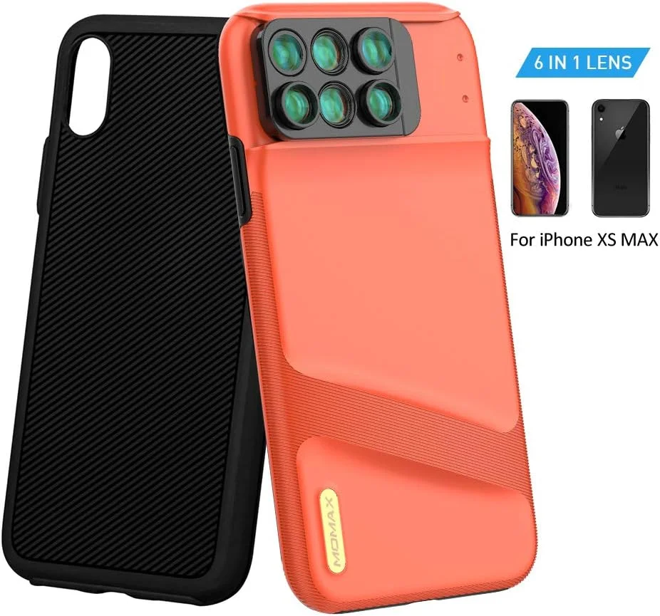 کاور لنز MOMAX برای Apple iPhone Xs MAX: کیت لنز اپتیکال دوگانه 6 در 1 (چشم ماهی 180 درجه، تله فوتو 2 برابر، زاویه باز 120 درجه، ماکرو 10X/20X)، محافظت دو لایه قرمز