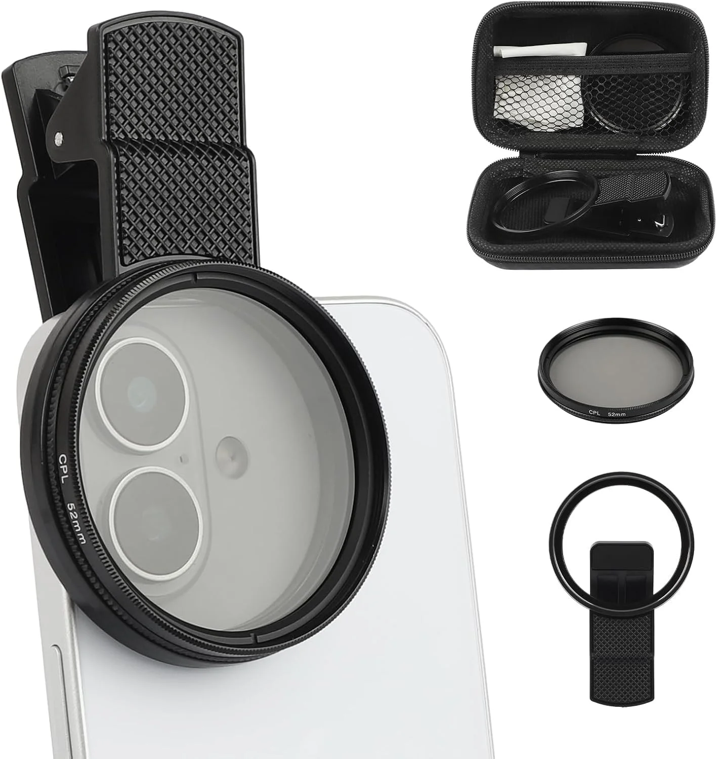 فیلتر دوربین گوشی CPL با گیره، فیلتر پلاریزه چند لایه فوق العاده باریک برای تلفن همراه، لنز پلاریزه گیره ای برای آیفون و تلفن های هوشمند اندروید (52 میلی متر، مشکی)