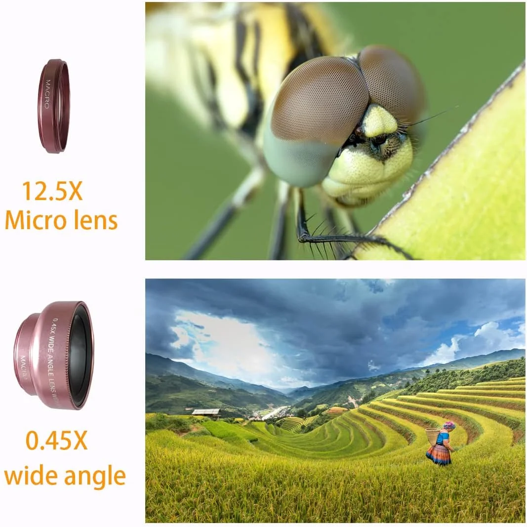 کیت لنز دوربین گوشی موبایل شامل لنز چشم ماهی، زاویه باز و ماکرو مناسب برای آیفون 14، 13، 12، 11، X، XS، Xr، Se، 8 پرو مکس، مینی، سامسونگ و اکثر گوشیها به همراه کیف PU (صورتی رز) کیت لنز دوربین گوشی موبایل شامل لنز چشم ماهی، زاویه باز و ماکرو مناسب برای آیفون 14، 13، 12، 11، X، XS، Xr، Se، 8 پرو مکس، مینی، سامسونگ و اکثر گوشیها به همراه کیف PU (صورتی رز)