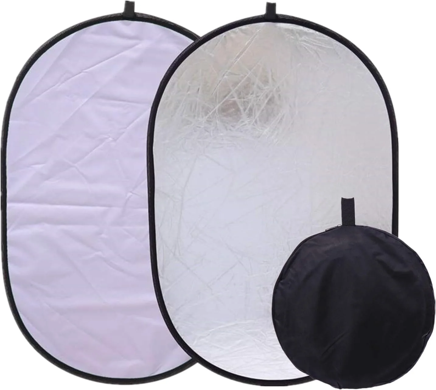 بازتابنده بیضی شکل نور ایوینر 150x200 سانتی‌متر نقره‌ای سفید 2 در 1 تاشو قابل حمل برای استودیو عکس، فیلمبرداری، نورپردازی داخلی و خارجی، عکاسی محصول با کیف حمل