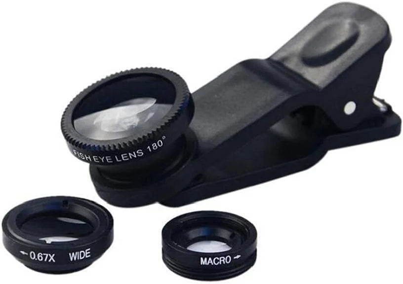لنز دوربین گوشی موبایل یونیورسال 3 در 1، شامل لنز چشم ماهی، لنز ماکرو، لنز واید انگل، گیره یونیورسال، مشکی، 1 ست، کاربردی