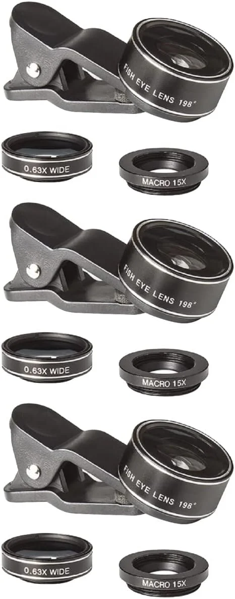 ست لنز دوربین گوشی موبایل 3 عددی 3 در 1 شامل لنز چشم ماهی 198 درجه، لنز زاویه باز فوق العاده 0.63X و لنز تله کانورتر 15X (مشکی)