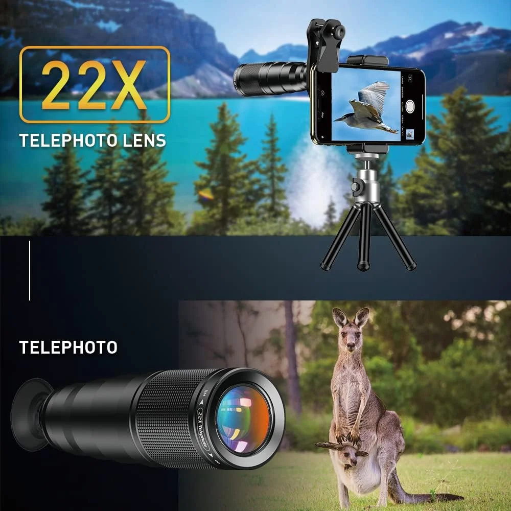 کیت لنز موبایل 6 در 1 - لنز تله فوتو 22X، لنز چشم ماهی 205 درجه، لنز زاویه باز 120 درجه و لنز ماکرو 25X (پیچ شده به هم)، سازگار با آیفون 11 8 7 6 6s پلاس X Xs/Max XR سامسونگ - مشکی