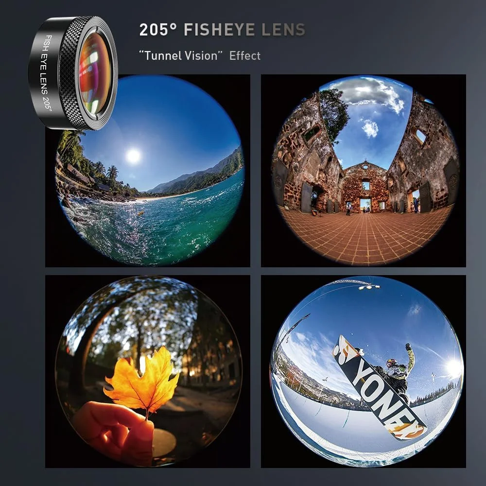 کیت لنز موبایل 6 در 1 - لنز تله فوتو 22X، لنز چشم ماهی 205 درجه، لنز زاویه باز 120 درجه و لنز ماکرو 25X (پیچ شده به هم)، سازگار با آیفون 11 8 7 6 6s پلاس X Xs/Max XR سامسونگ - مشکی