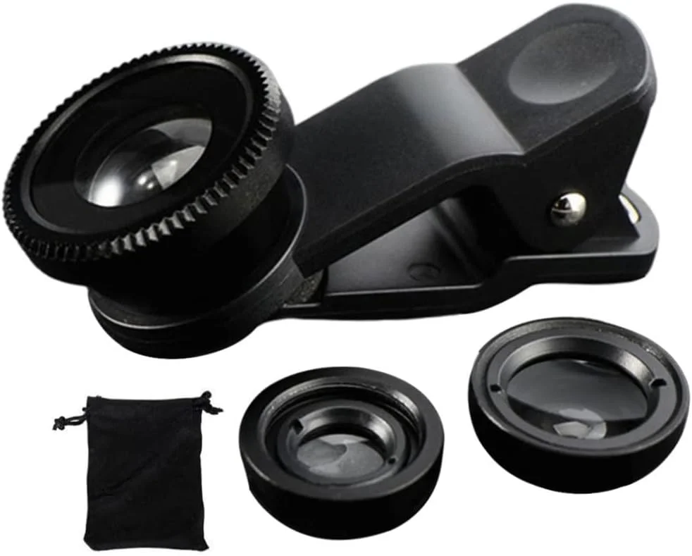 لنز چشم ماهی تلفن همراه 3 در 1، لنزهای زاویه باز و ماکرو کلیپسی یونیورسال - مشکی