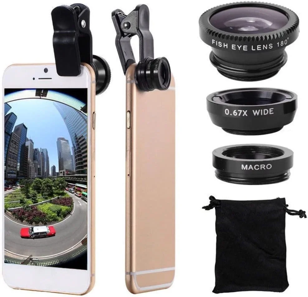 لنز چشم ماهی تلفن همراه 3 در 1، لنزهای زاویه باز و ماکرو کلیپسی یونیورسال - مشکی