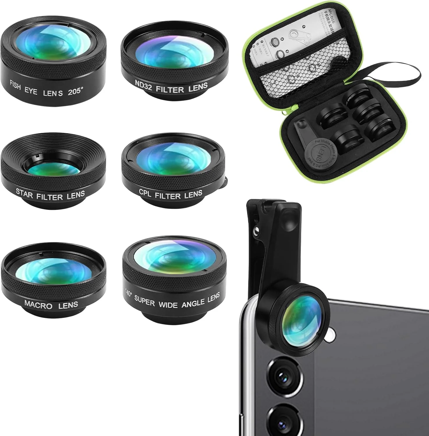 کیت لنز موبایل 6 در 1 شامل لنز فیش آی 205 درجه، لنز واید انگل 140 درجه، لنز ماکرو (25x)، فیلتر ستاره، ND32/CPL، لنز ماکرو برای آیفون، سامسونگ و تلفن های هوشمند