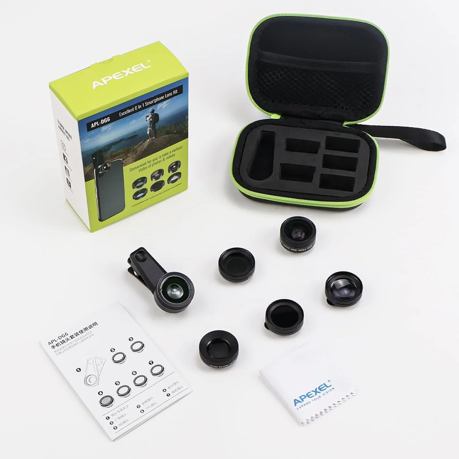 کیت لنز موبایل 6 در 1 شامل لنز فیش آی 205 درجه، لنز واید انگل 140 درجه، لنز ماکرو (25x)، فیلتر ستاره، ND32/CPL، لنز ماکرو برای آیفون، سامسونگ و تلفن های هوشمند کیت لنز موبایل 6 در 1 شامل لنز فیش آی 205 درجه، لنز واید انگل 140 درجه، لنز ماکرو (25x)، فیلتر ستاره، ND32/CPL، لنز ماکرو برای آیفون، سامسونگ و تلفن های هوشمند