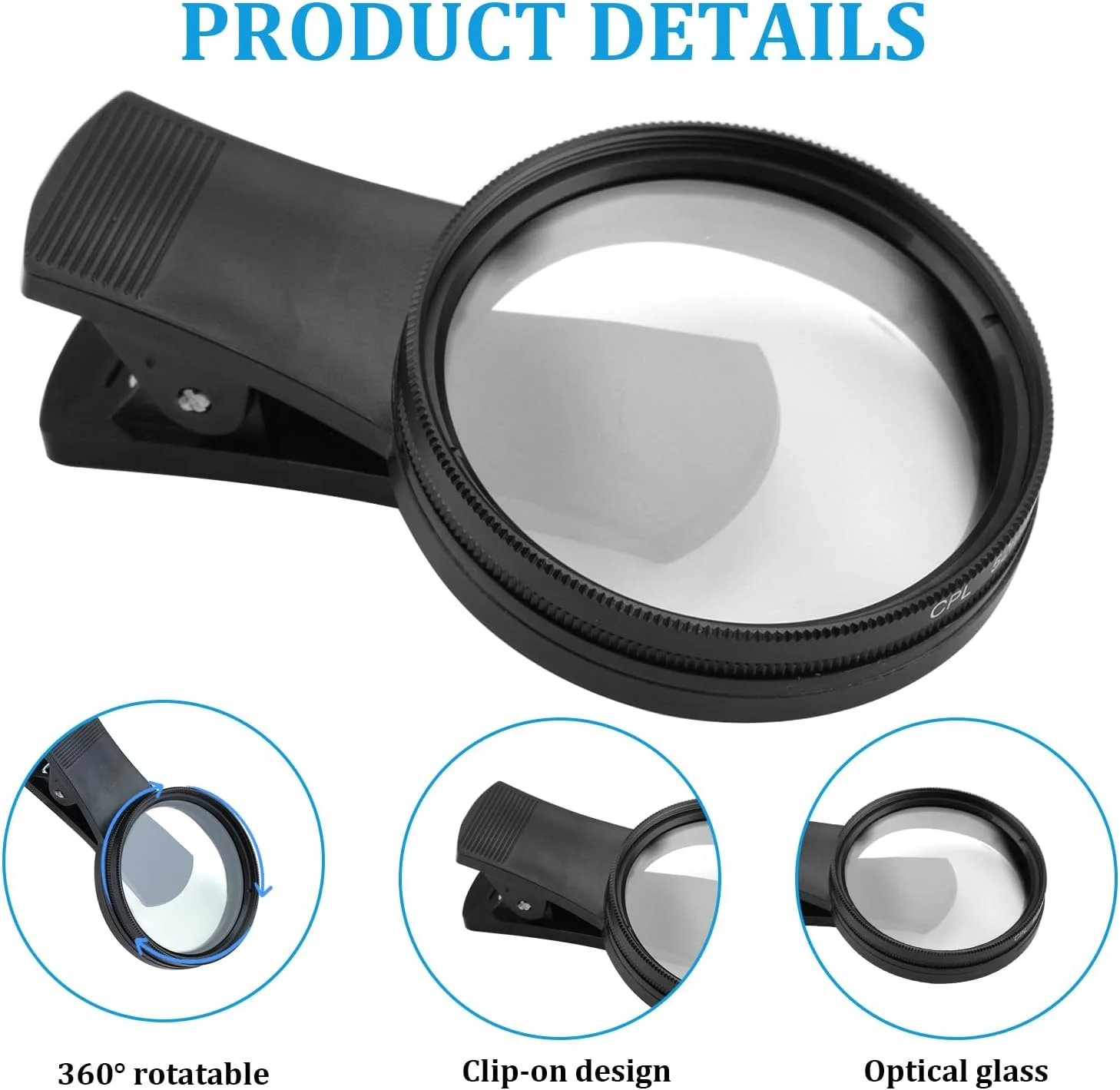 فیلتر CPL کلیپسی موبایل 52 میلیمتری، فیلتر پلاریزه حذف کننده انعکاس، فیلتر CPL تلفن همراه سازگار با لنز گوشیهای هوشمند آیفون/سامسونگ/اندروید فیلتر CPL کلیپسی موبایل 52 میلیمتری، فیلتر پلاریزه حذف کننده انعکاس، فیلتر CPL تلفن همراه سازگار با لنز گوشیهای هوشمند آیفون/سامسونگ/اندروید