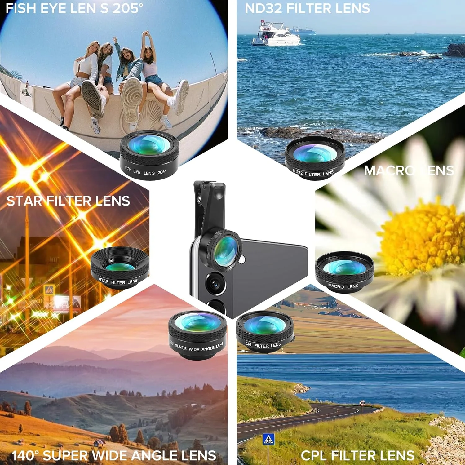کیت لنز موبایل 6 در 1 شامل لنز فیش آی 205 درجه، لنز واید انگل 140 درجه، لنز ماکرو (25x)، فیلتر ستاره، ND32/CPL، لنز ماکرو برای آیفون، سامسونگ و تلفن های هوشمند کیت لنز موبایل 6 در 1 شامل لنز فیش آی 205 درجه، لنز واید انگل 140 درجه، لنز ماکرو (25x)، فیلتر ستاره، ND32/CPL، لنز ماکرو برای آیفون، سامسونگ و تلفن های هوشمند
