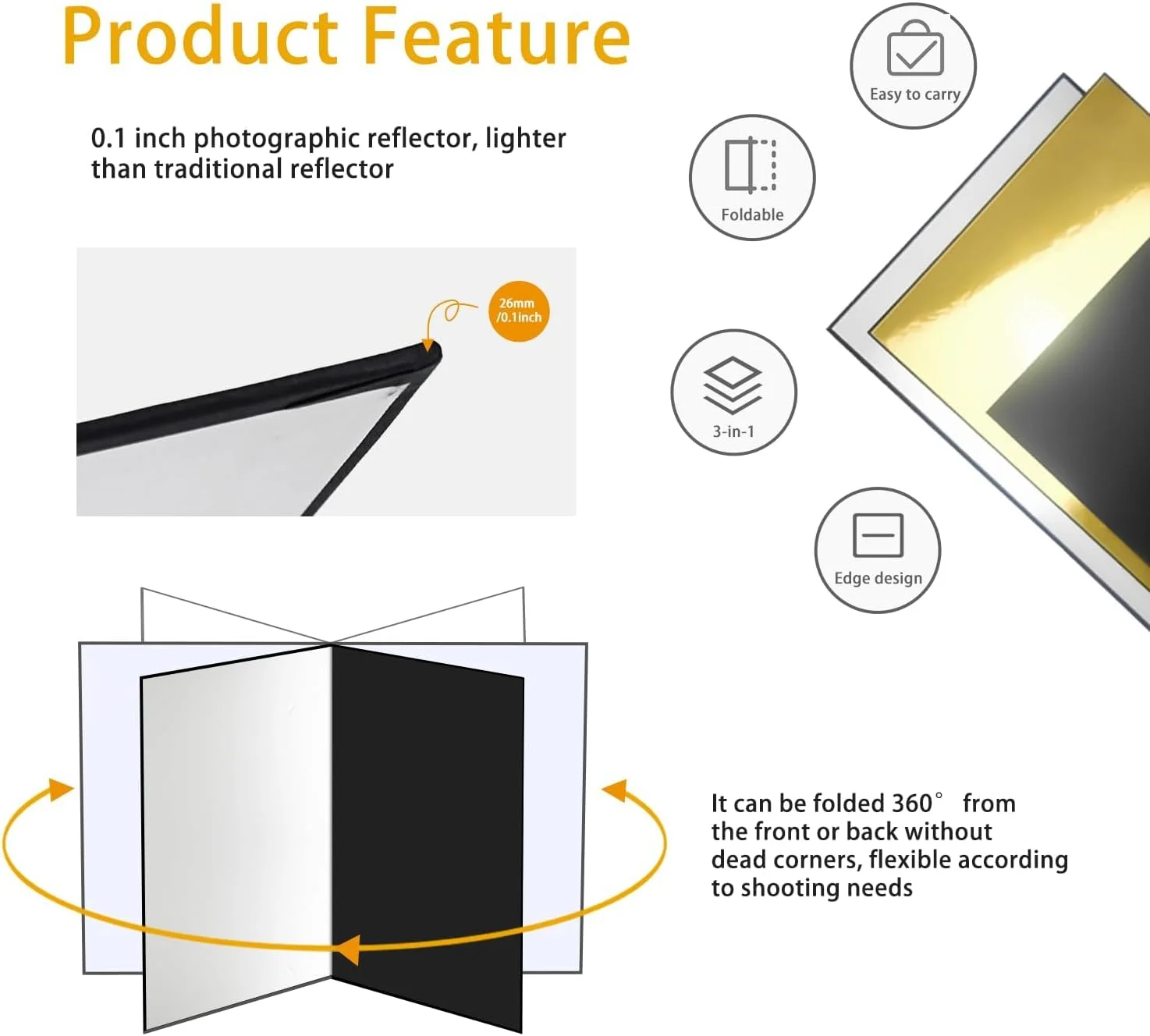 رفلکتور نور تاشو 3 در 1 SKEIDO – صفحه پخش کننده نور تاشو 30.5×21 سانتی متر برای عکاسی (سفید/مشکی/طلایی)