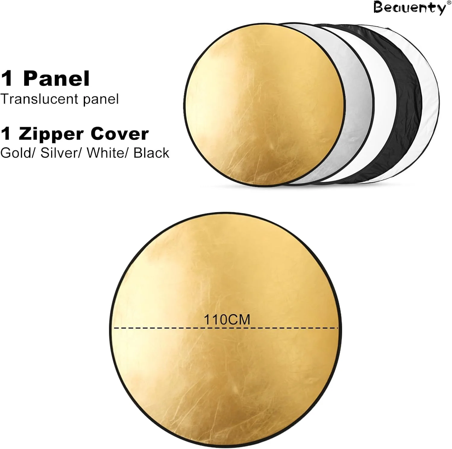 رفلکتور عکاسی 5 در 1 Beauenty با قطر 110 سانتی متر - رفلکتور چند دیسکی تاشو قابل حمل با کیف برای نورپردازی حرفه ای عکس، ایده آل برای عکاسی پرتره، محصول و فشن