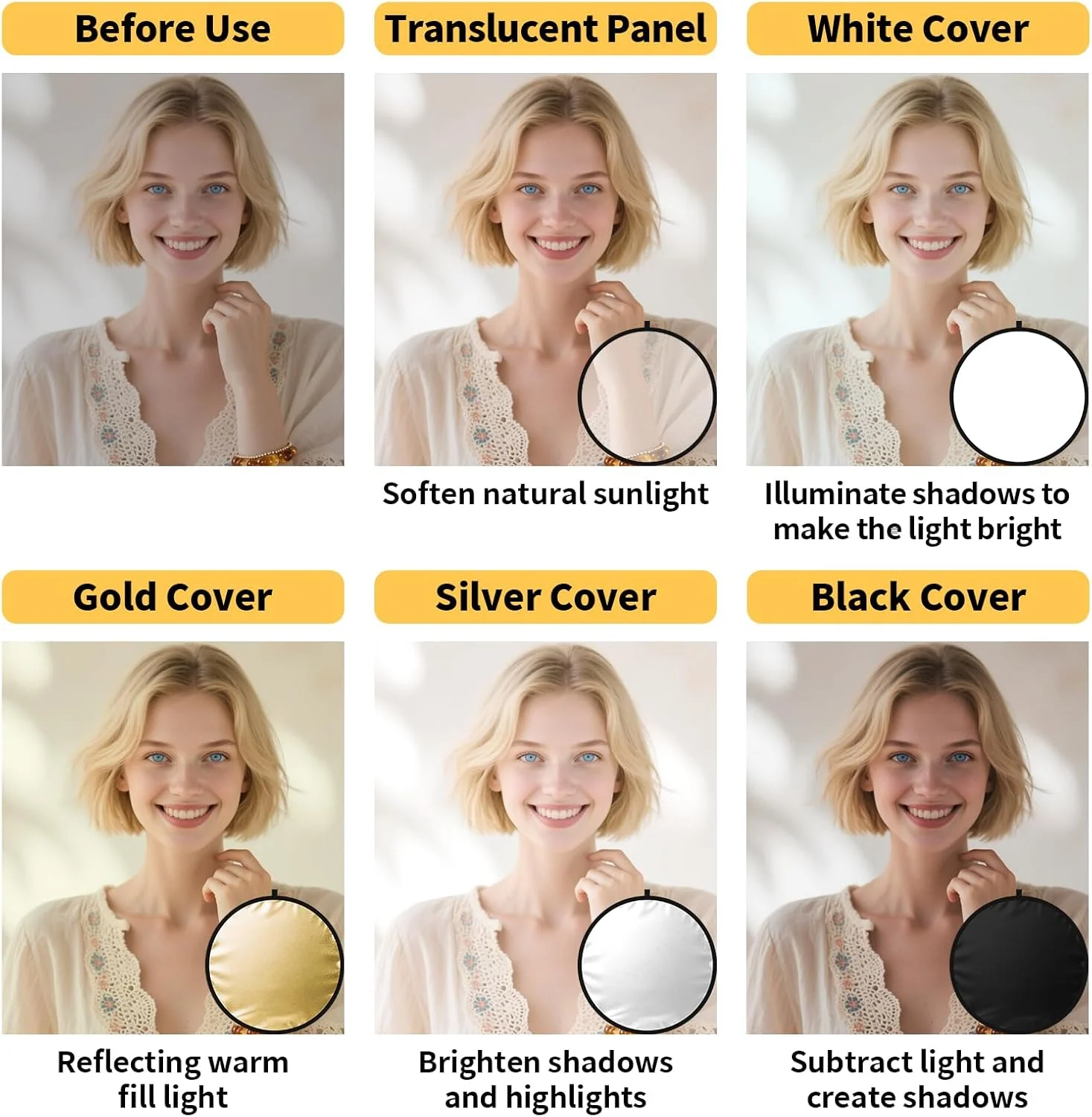 بازتابنده نور عکاسی 110 سانتی‌متری (43 اینچ)، پنل پخش‌کننده نور 5 در 1 به همراه کیف، بازتابنده‌های نور برای عکاسی، ایده‌آل برای تولیدکنندگان محتوا و عکاسان در رنگ‌های نقره‌ای، طلایی، سفید و مشکی