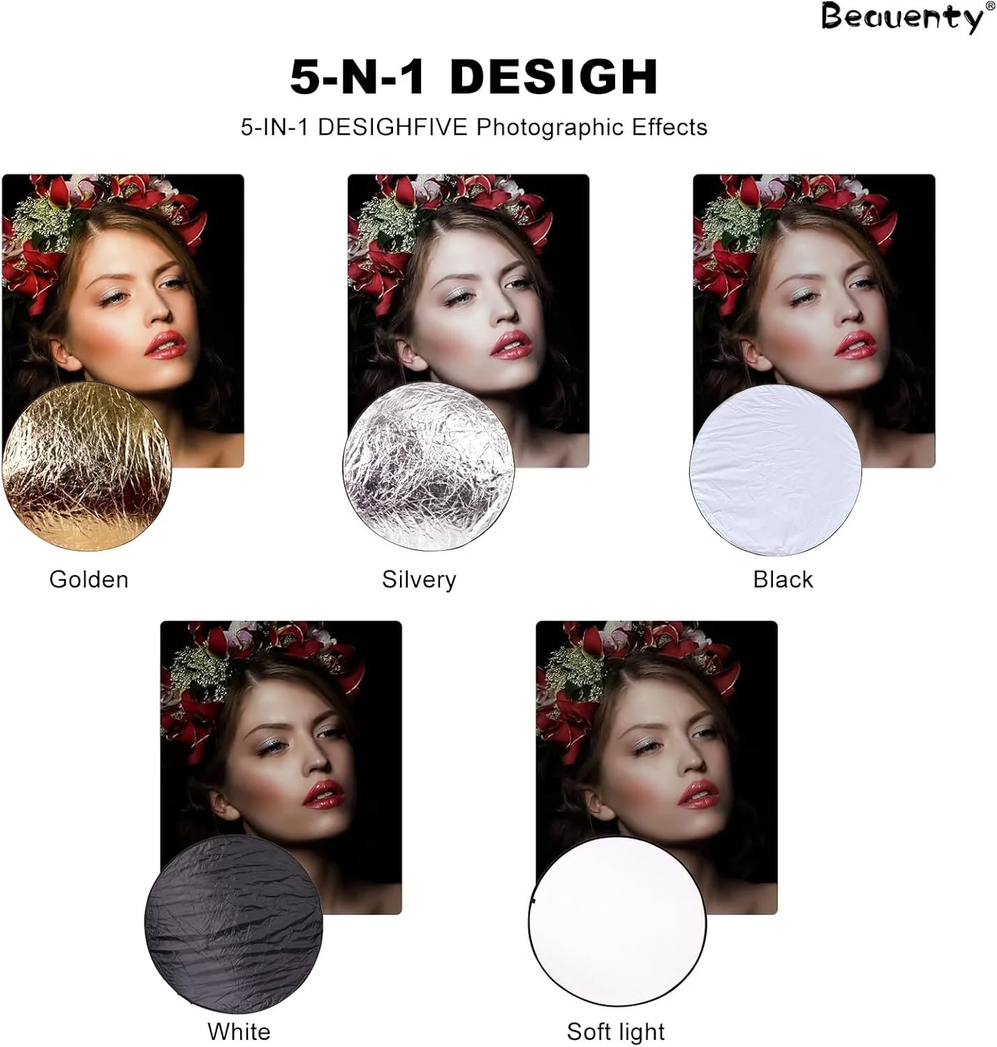 رفلکتور عکاسی 5 در 1 Beauenty با قطر 110 سانتی متر - رفلکتور چند دیسکی تاشو قابل حمل با کیف برای نورپردازی حرفه ای عکس، ایده آل برای عکاسی پرتره، محصول و فشن