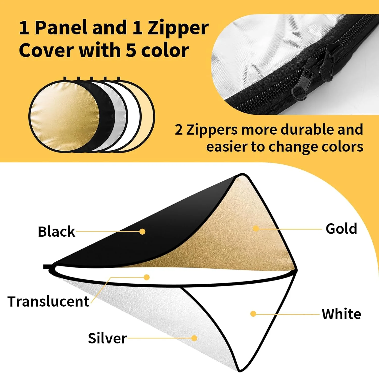 بازتابنده نور عکاسی 110 سانتی‌متری (43 اینچ)، پنل پخش‌کننده نور 5 در 1 به همراه کیف، بازتابنده‌های نور برای عکاسی، ایده‌آل برای تولیدکنندگان محتوا و عکاسان در رنگ‌های نقره‌ای، طلایی، سفید و مشکی