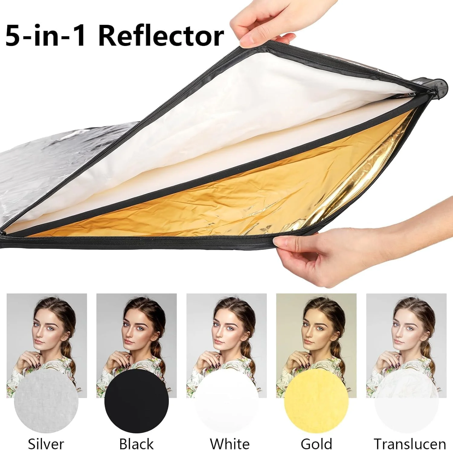 بازتابنده نور 5 در 1 Excefore، 60x90 سانتی متر، پخش کننده نور تاشو قابل حمل برای نورپردازی استودیویی و فضای باز، بازتابنده نور تاشو با کیف حمل