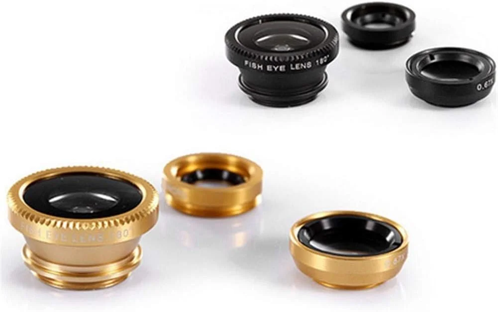 لنز فیش آی موبایل سه در یک، لنز موبایل با جلوه ویژه، ذره بین، فیش آی، زاویه باز، ماکرو، ابزار سلفی طلایی
