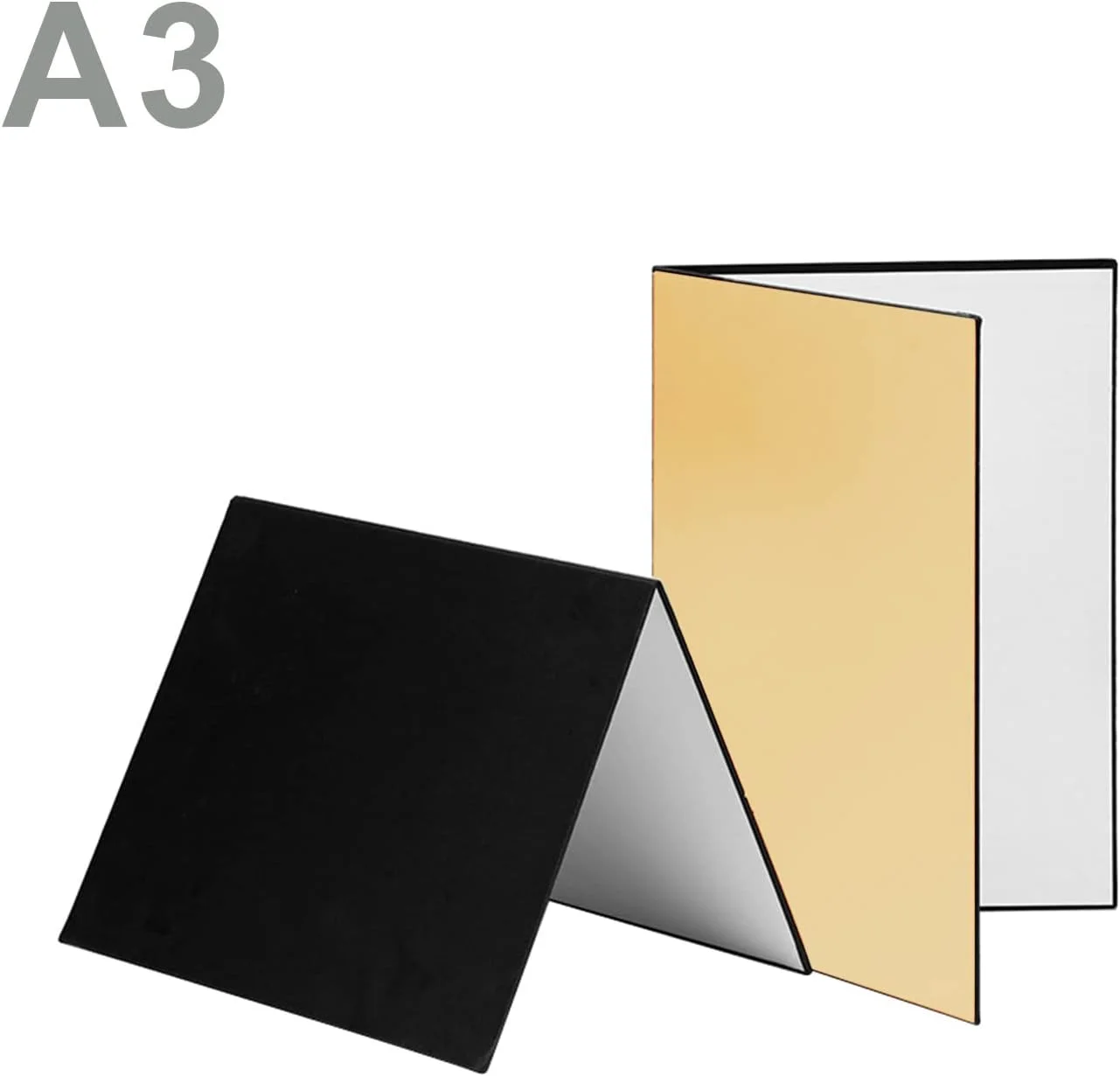 برد بازتابنده تاشو 3 در 1 برای عکاسی (سیاه + سفید + طلایی) مناسب عکاسی از محصولات، غذا و اشیاء بی‌جان، سایز A3