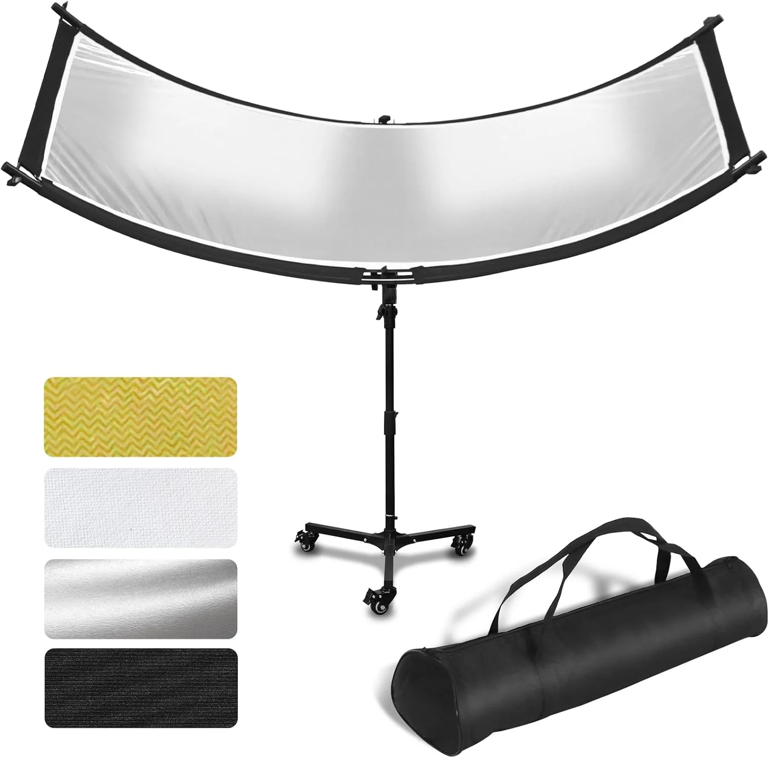 بازتابنده نور صدفی با پایه چرخ دار و کیف حمل، 180x60 سانتی متر بازتابنده نور منحنی Arclight برای عکاسی استودیویی با رنگ های سفید/طلایی/نقره ای/مشکی توسط MCCKLE