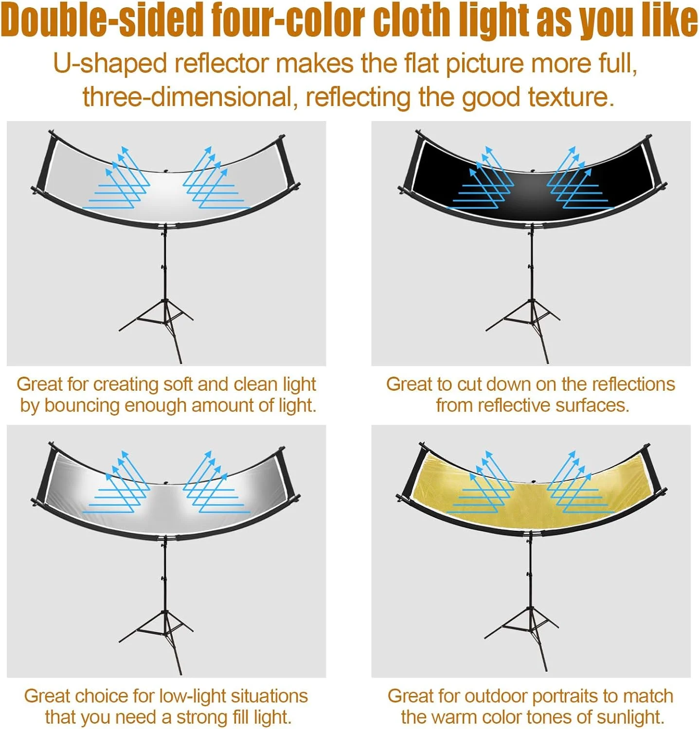 بازتابنده نور صدفی با پایه و کیف حمل، 180x60 سانتی متر بازتابنده نور منحنی Arclight برای عکاسی استودیویی با رنگ های سفید/طلایی/نقره ای/مشکی توسط MCCKLE