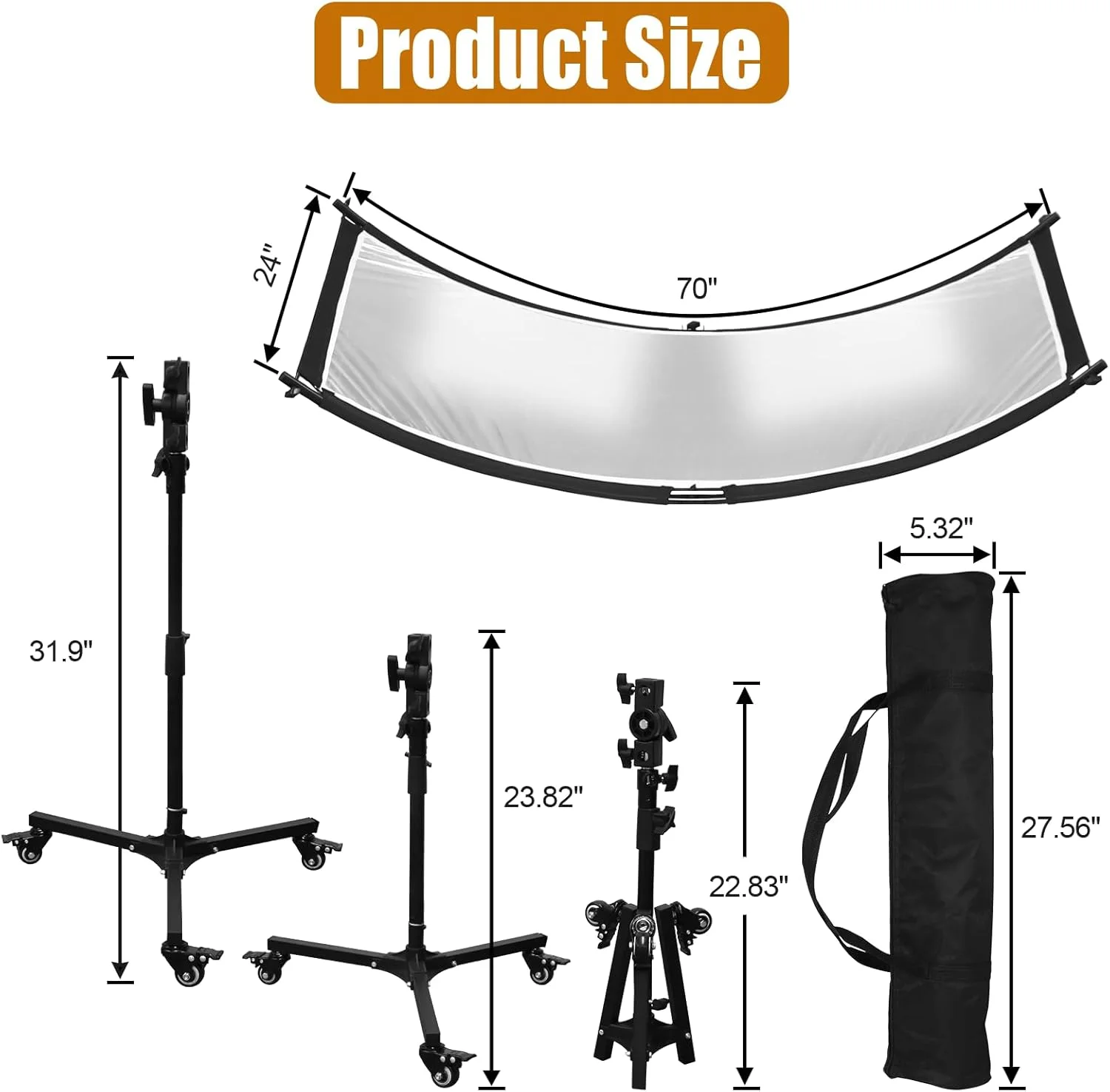 بازتابنده نور صدفی با پایه چرخ دار و کیف حمل، 178x61 سانتی متر، بازتابنده نور منحنی عکاسی برای استودیوی عکس با رنگ های سفید/طلایی/نقره ای/مشکی توسط MCCKLE
