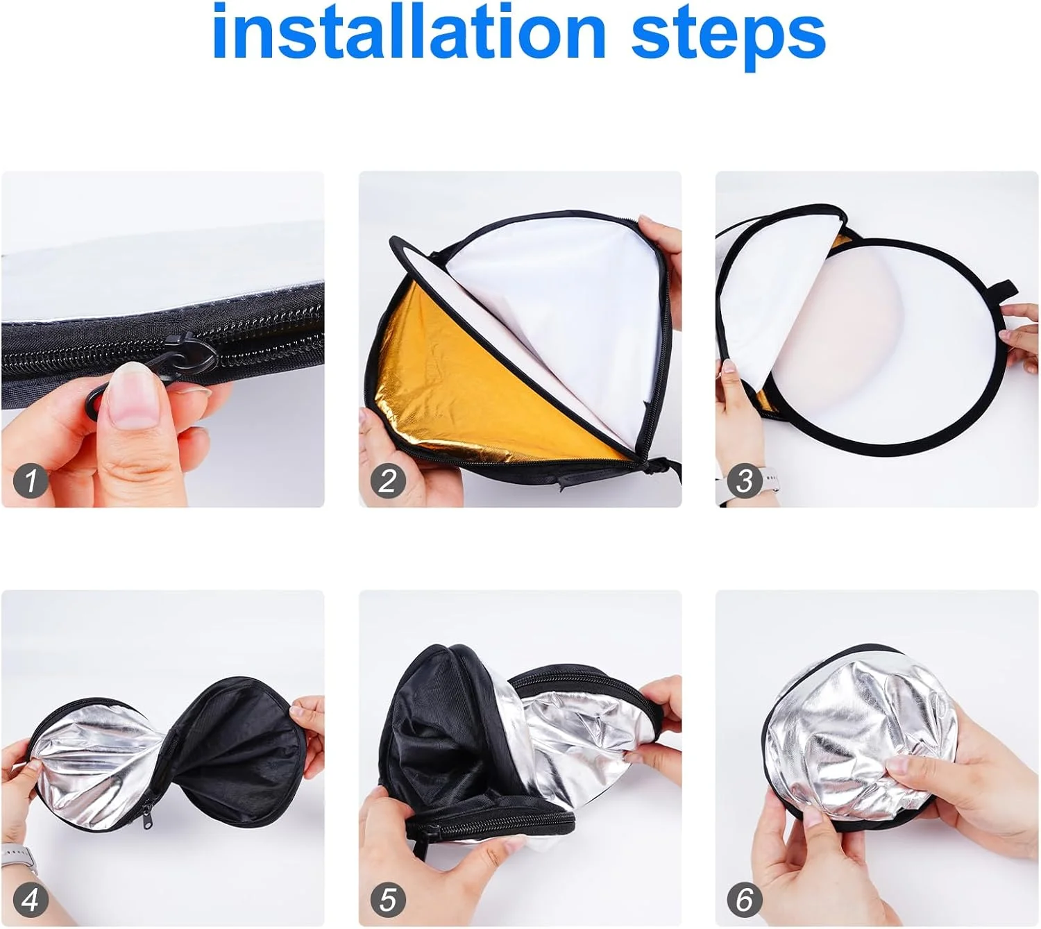 رفلکتور عکاسی تاشو 5 در 1 (12 اینچ/30 سانتی متر) - رفلکتور نور گرد قابل حمل با پنل های نقره ای، طلایی، سفید، مشکی و شفاف برای استودیو، پرتره و نورپردازی اشیاء بی جان