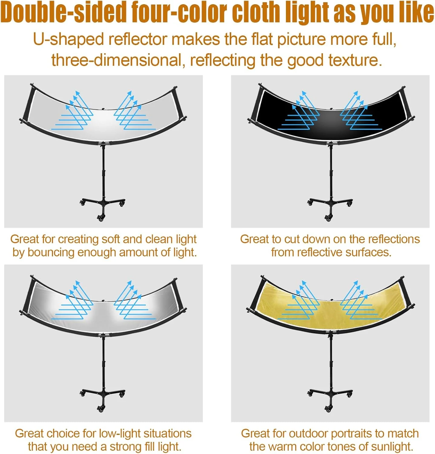 بازتابنده نور صدفی با پایه چرخ دار و کیف حمل، 180x60 سانتی متر بازتابنده نور منحنی Arclight برای عکاسی استودیویی با رنگ های سفید/طلایی/نقره ای/مشکی توسط MCCKLE بازتابنده نور صدفی با پایه چرخ دار و کیف حمل، 180x60 سانتی متر بازتابنده نور منحنی Arclight برای عکاسی استودیویی با رنگ های سفید/طلایی/نقره ای/مشکی توسط MCCKLE