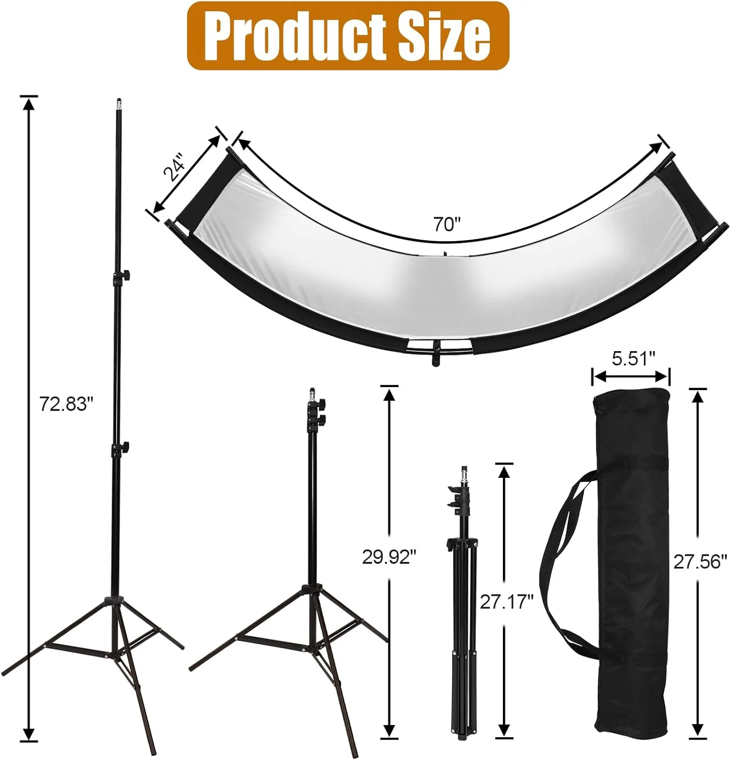 بازتابنده نور صدفی با پایه و کیف حمل، 180x60 سانتی متر بازتابنده نور منحنی Arclight برای عکاسی استودیویی با رنگ های سفید/طلایی/نقره ای/مشکی توسط MCCKLE