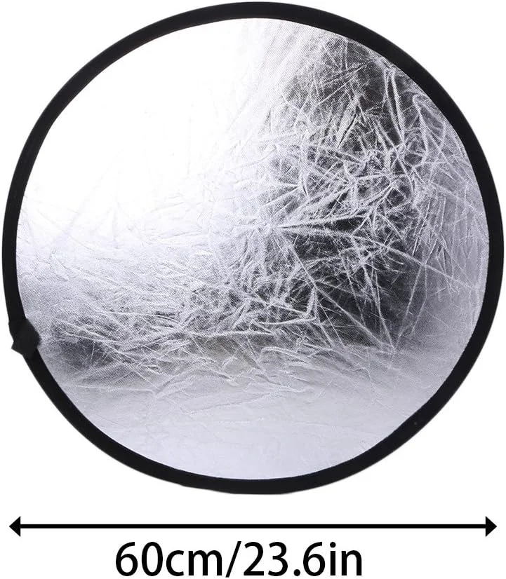 رفلکتور عکاسی تاشو 2 در 1 نقره ای/سفید 55-60 سانتی متری، پوشش محافظ کفشک گرم، آداپتور مبدل لنز دوربین دیجیتال، درب پشتی، پایه نگهدارنده دوربین مسافرتی، پایه سه پایه