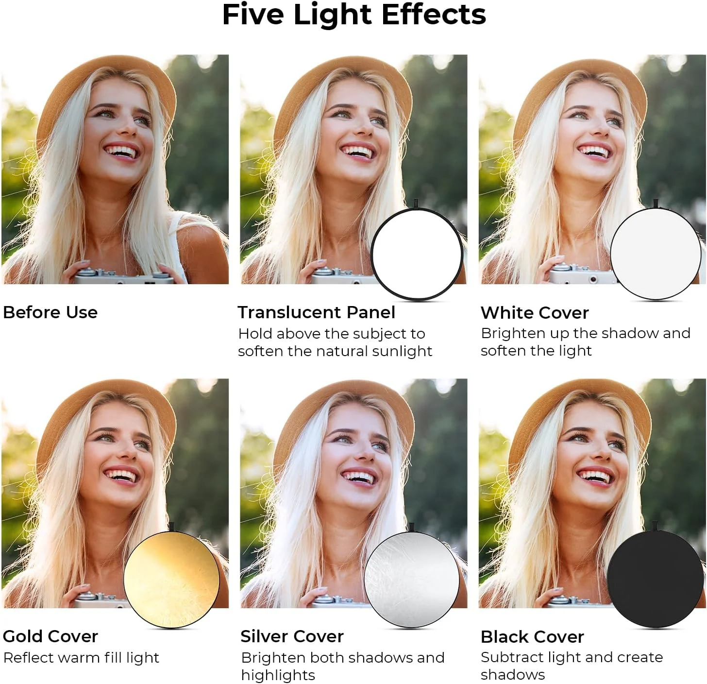 کیت رفلکتور عکاسی 5 در 1 K&F Concept، رفلکتور تاشو با کیف نگهداری (110 سانتی متر)، شامل رفلکتورهای گرد شفاف، نقره ای، طلایی، سفید و مشکی برای عکاسی