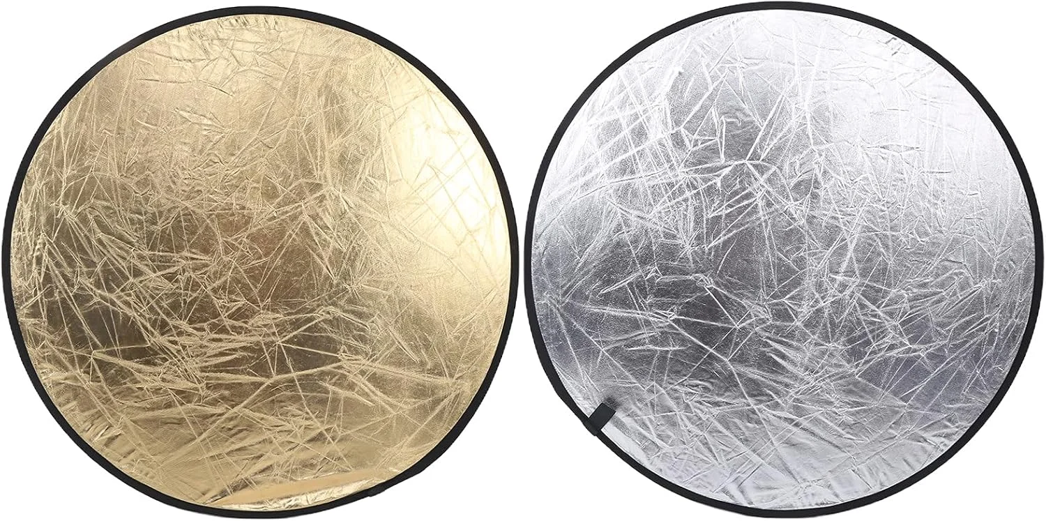بازتابنده نور، جنس نایلون، بازتابنده 2 در 1 طلایی و نقره ای، قطر 80 سانتی متر، ایده آل برای عکاسی پرتره در فضای باز و داخلی