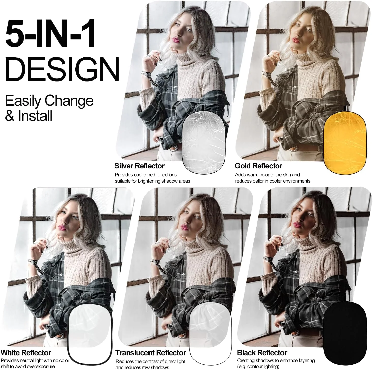 بازتابنده نور تاشو 5 در 1 عکاسی EMART سایز 100 در 150 سانتی متر به همراه کیف، پنل بیضی بزرگ قابل حمل برای استودیو، ویدیو، پرتره، عکاسی در فضای باز - شفاف، سفید، نقره ای، طلایی، مشکی