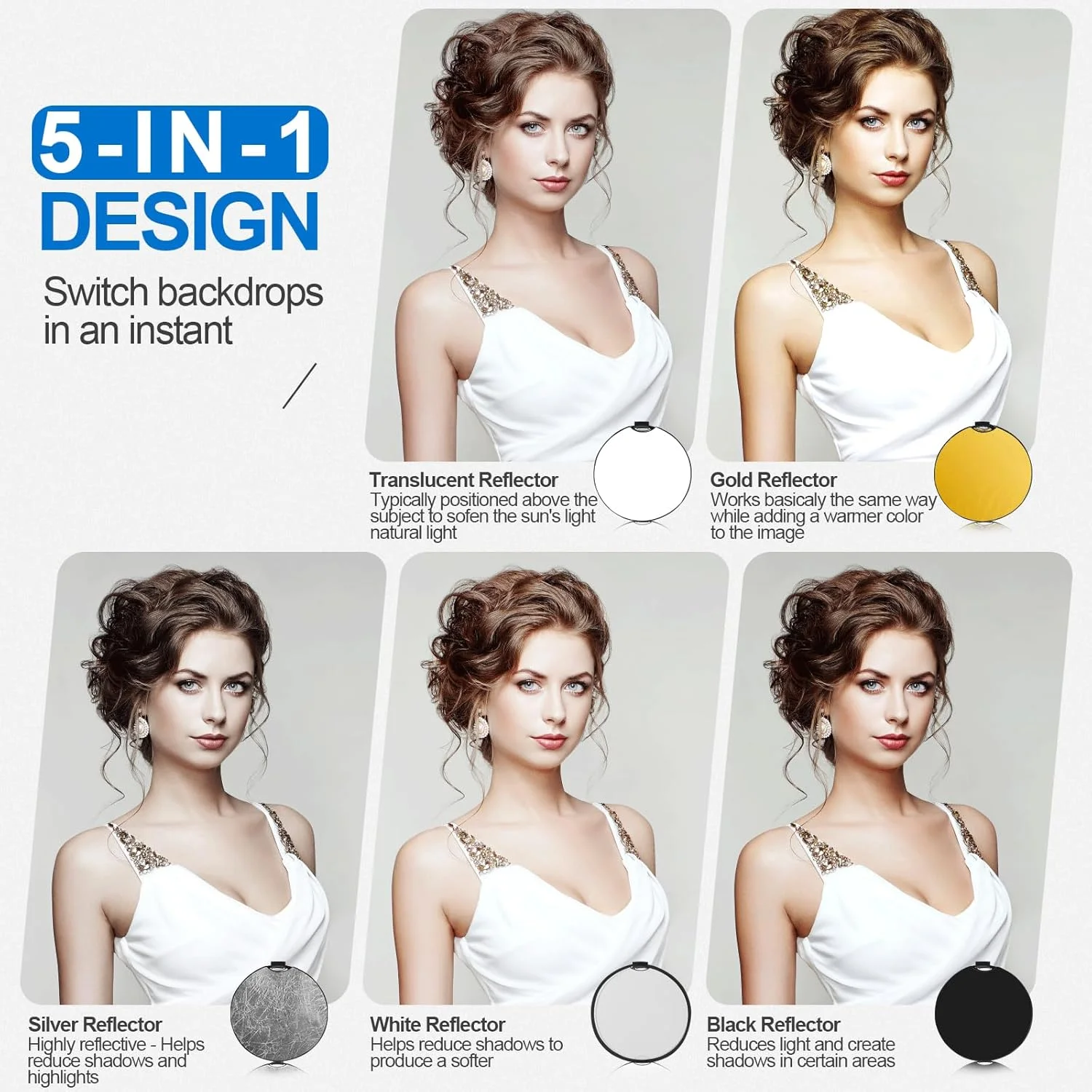 رفلکتور عکاسی 80 سانتی متری با کیف و آداپتور شیب دار، رفلکتور 5 در 1 با دسته برای نورپردازی استودیویی و فضای باز - شفاف، نقره ای، طلایی، سفید و مشکی