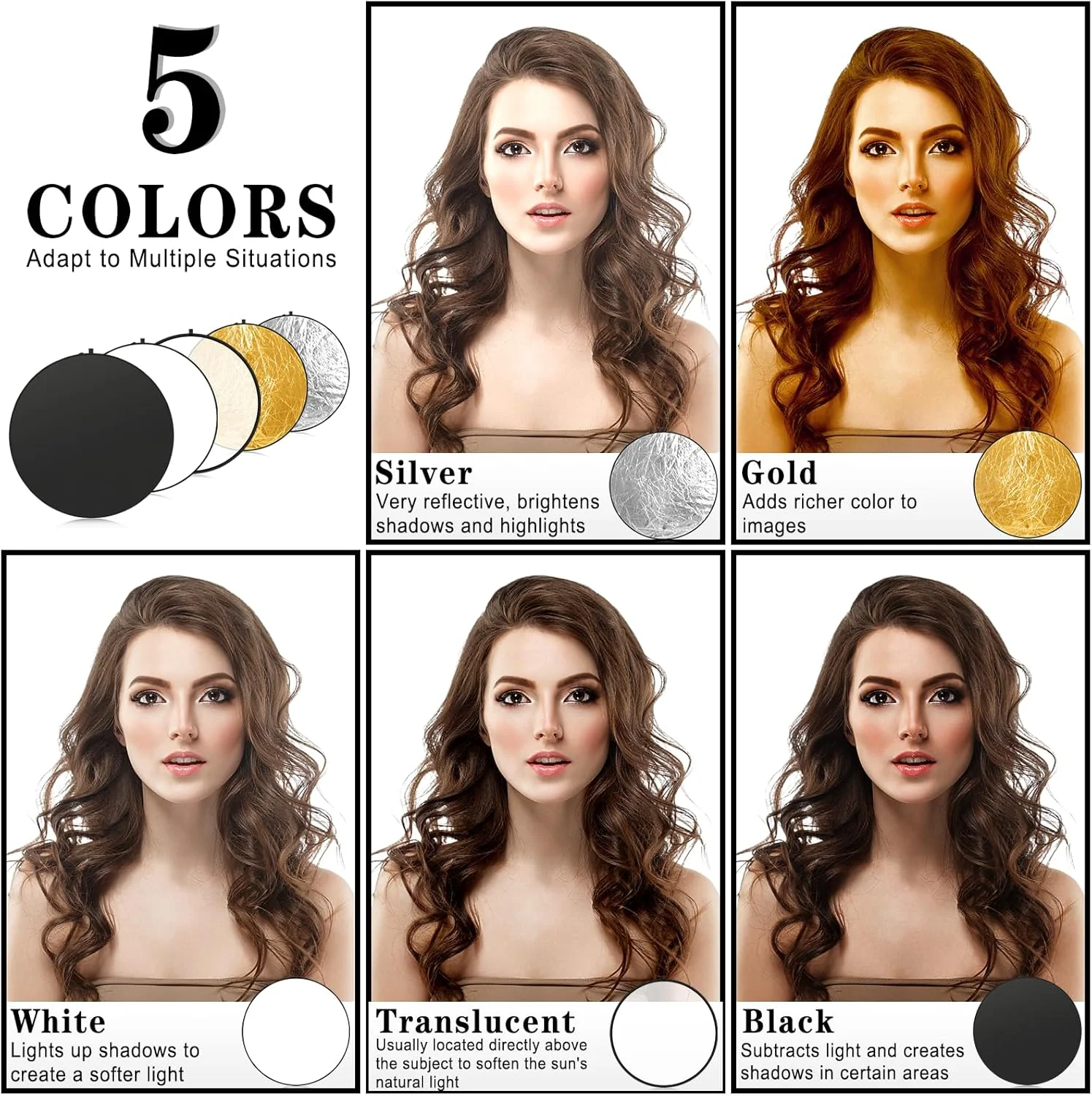 پنل بازتابنده عکس دراپنیر 5 در 1، رفلکتور تاشو گرد 60 سانتی متری، شفاف، نقره ای، طلایی، سیاه و سفید 5 در 1 برای عکاسی پرتره، سلفی و عروسی