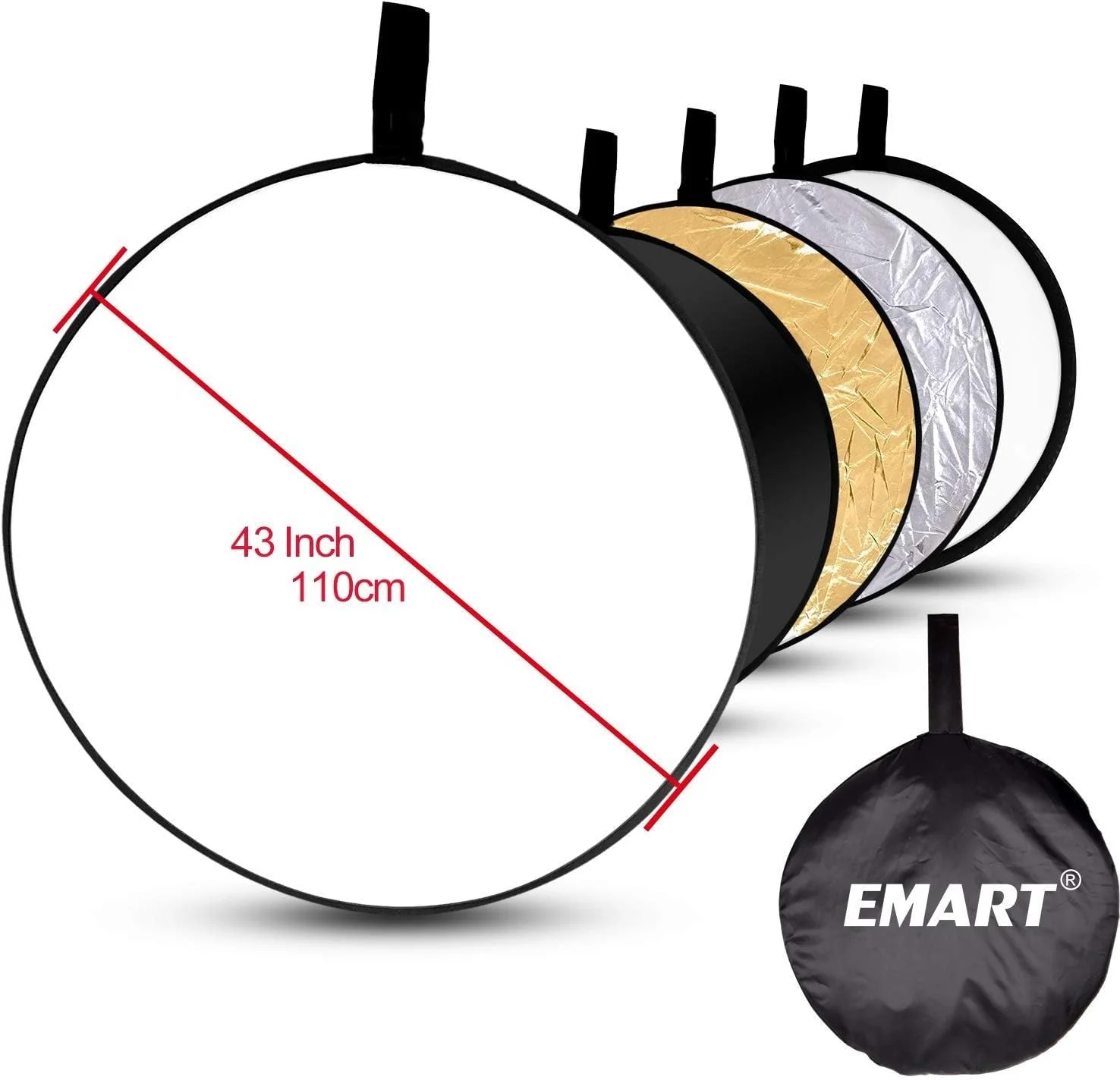 بازتابنده نور EMART با قطر 110 سانتی متر / 43 اینچ، پخش کننده نور 5 در 1 تاشو، بازتابنده گرد بزرگ عکاسی، مناسب برای عکاسی در فضای باز و مسافرت - بازتابنده نور خورشید بیرونی، پخش کننده نور خورشید تاشو
