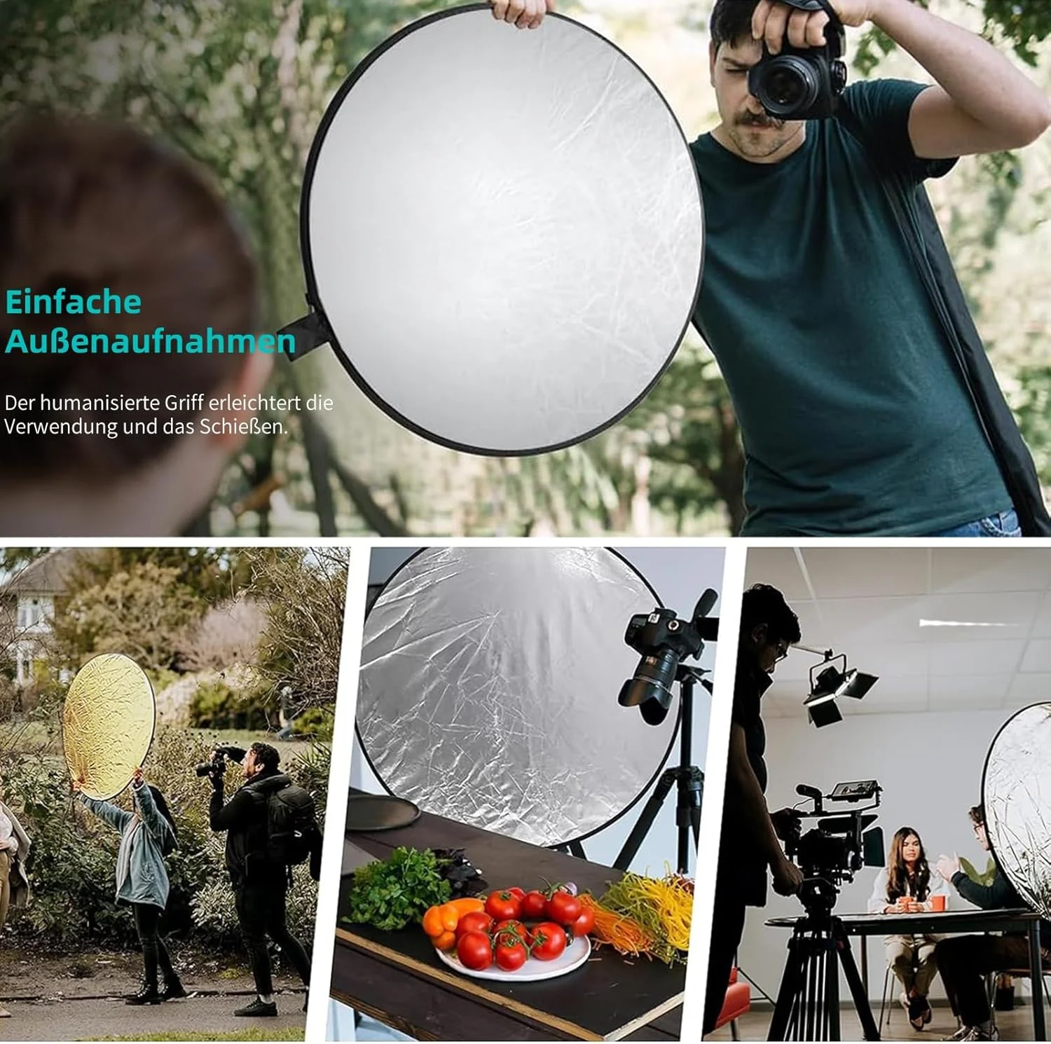 بازتابنده عکاسی 60 سانتی متری طلایی و نقره ای، بازتابنده دیسکی 2 در 1، بازتابنده تاشو عکاسی، قابل حمل، روشن کننده سطح برای عکاسی سلفی