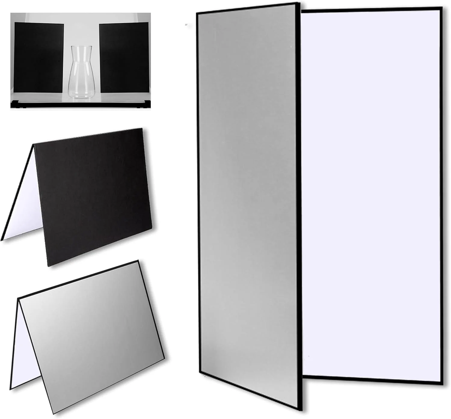 کارت بازتابنده نور عکاسی 3 در 1، مقوایی، 42x30 سانتی متر، پخش کننده نور تاشو، پس زمینه A4، صفحه بازتابنده برای عکاسی مواد غذایی، جواهرات و طبیعت بی جان (سفید/نقره ای/مشکی)