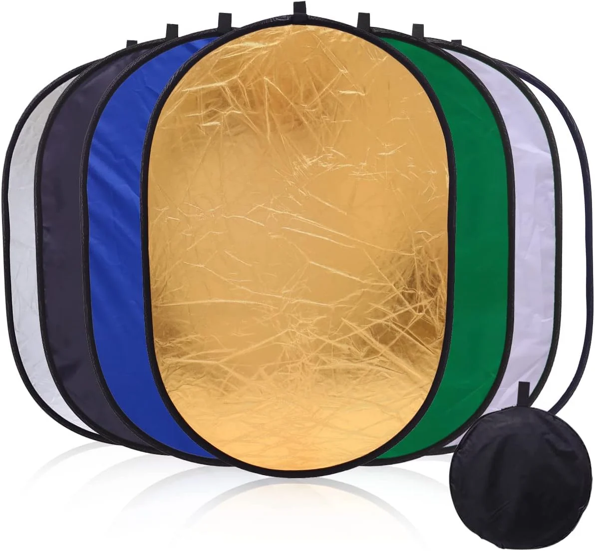 بازتابنده نور عکاسی گلوکلوز 90 در 120 سانتی متر تاشو 7 در 1 بیضی شکل پخش کننده نور نقره ای شفاف طلایی سفید مشکی سبز آبی با کیف برای استودیوی عکس فیلمبرداری زنده در فضای باز