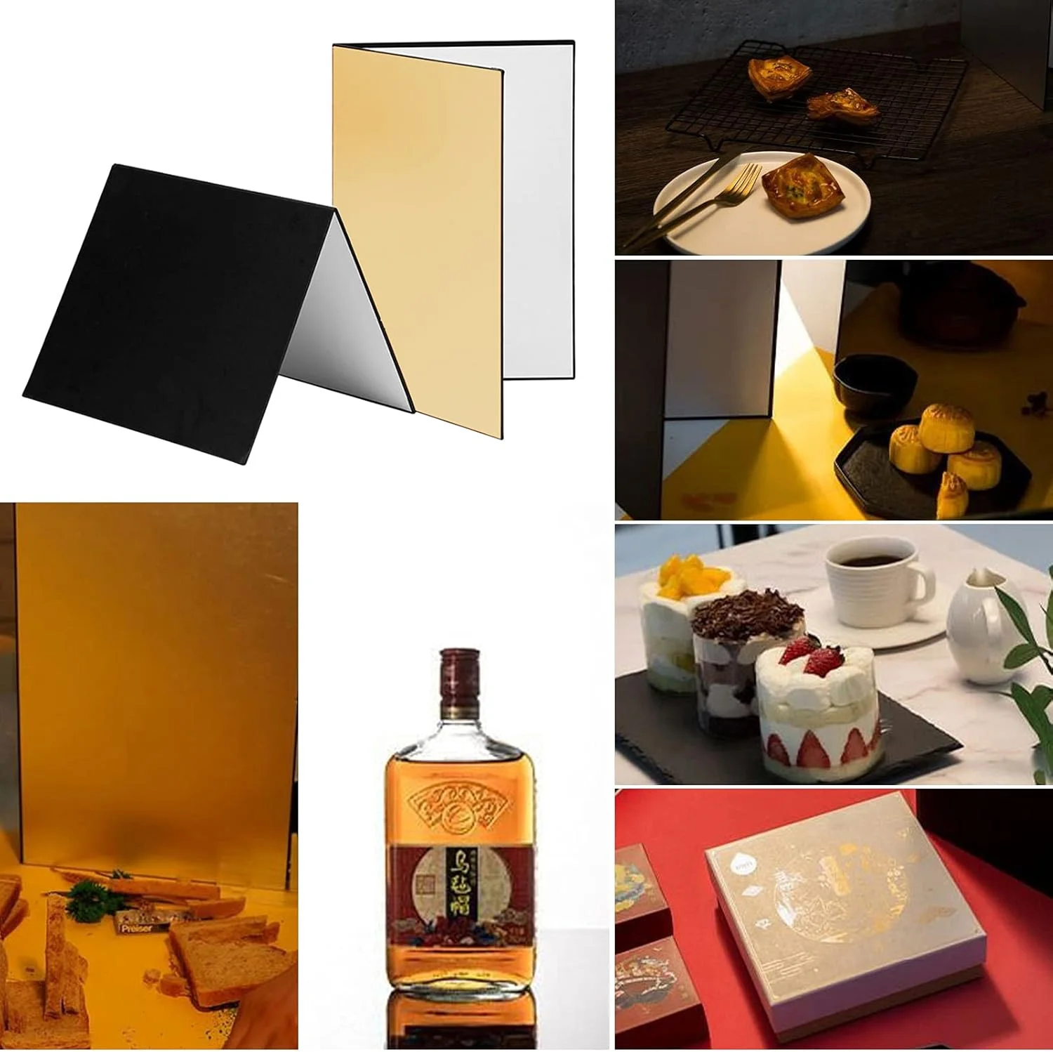 صفحه بازتابنده نور تاشو 3 در 1 برای عکاسی (سیاه، سفید، طلایی) مناسب برای عکاسی از محصولات، غذا و اشیاء بی‌جان، سایز A3