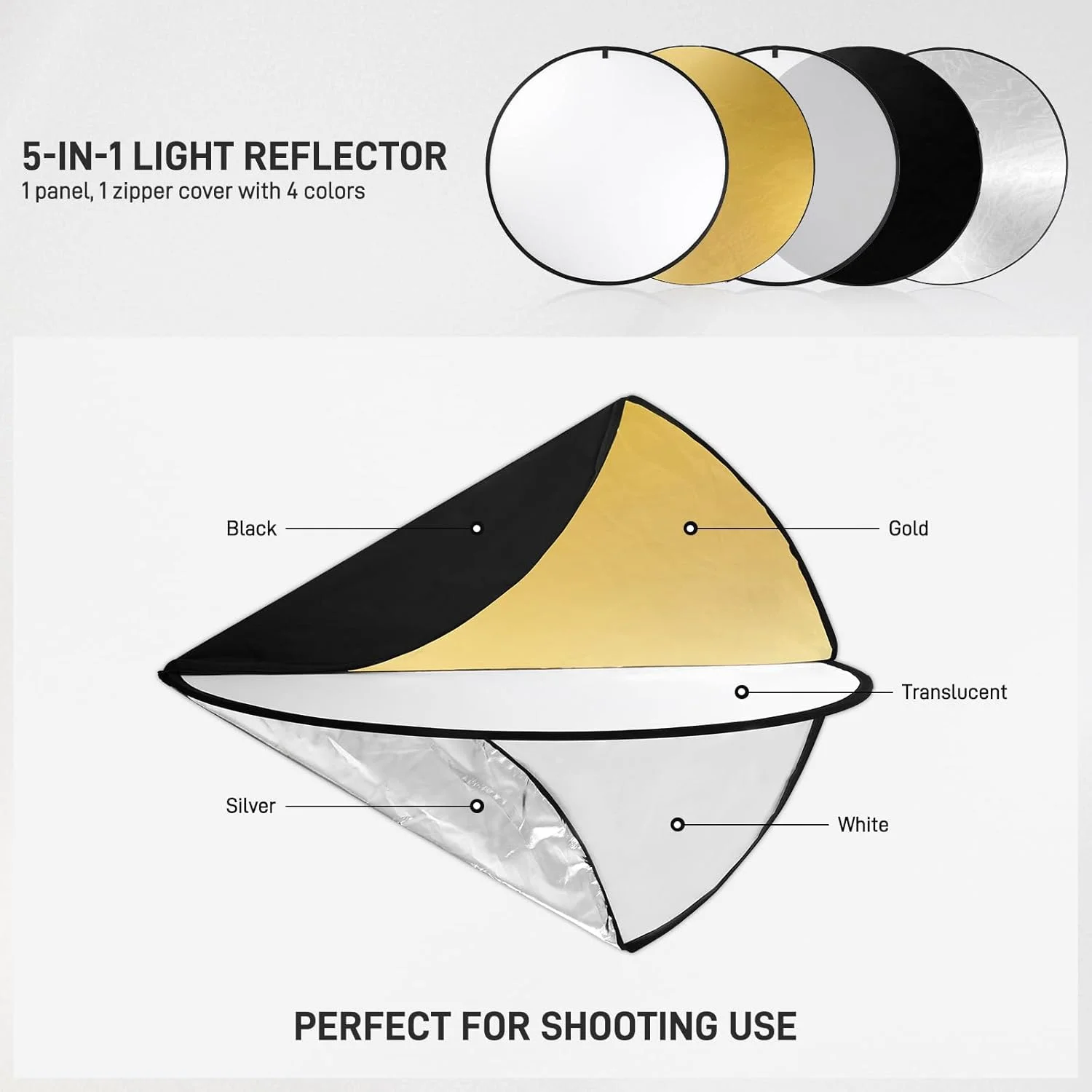 رفلکتور 5 در 1 عکاسی GMV Great Video Maker، 110 سانتیمتری، پخشکننده نور تاشو چند دیسکی با کیف - شفاف، طلایی، نقرهای، سفید و مشکی برای نورپردازی استودیویی و فضای باز رفلکتور 5 در 1 عکاسی GMV Great Video Maker، 110 سانتیمتری، پخشکننده نور تاشو چند دیسکی با کیف - شفاف، طلایی، نقرهای، سفید و مشکی برای نورپردازی استودیویی و فضای باز