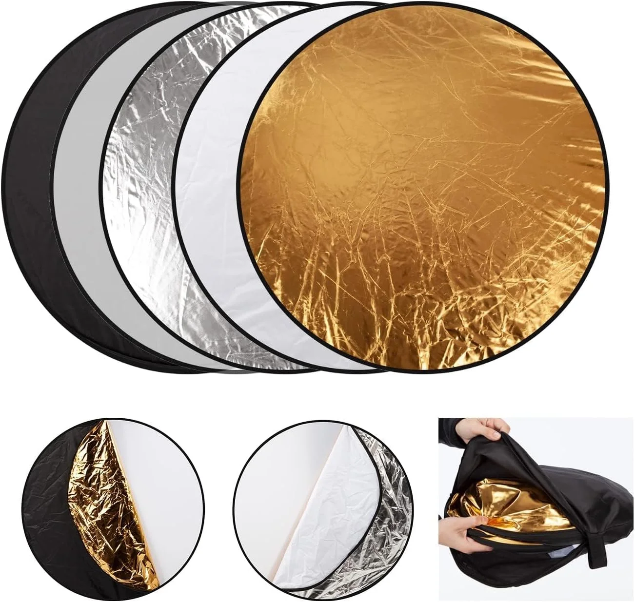 رفلکتور تاشو 5 در 1، دیفیوزر عکاسی، رفلکتور گرد با کیف نگهداری برای استودیو عکس، پرتره، عکاسی محصول، داخلی و خارجی (60 سانتی متر)
